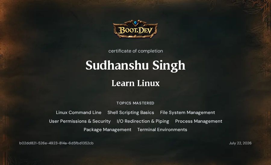 Sudhanshu Singh's Boot.dev Learn Linux certificate