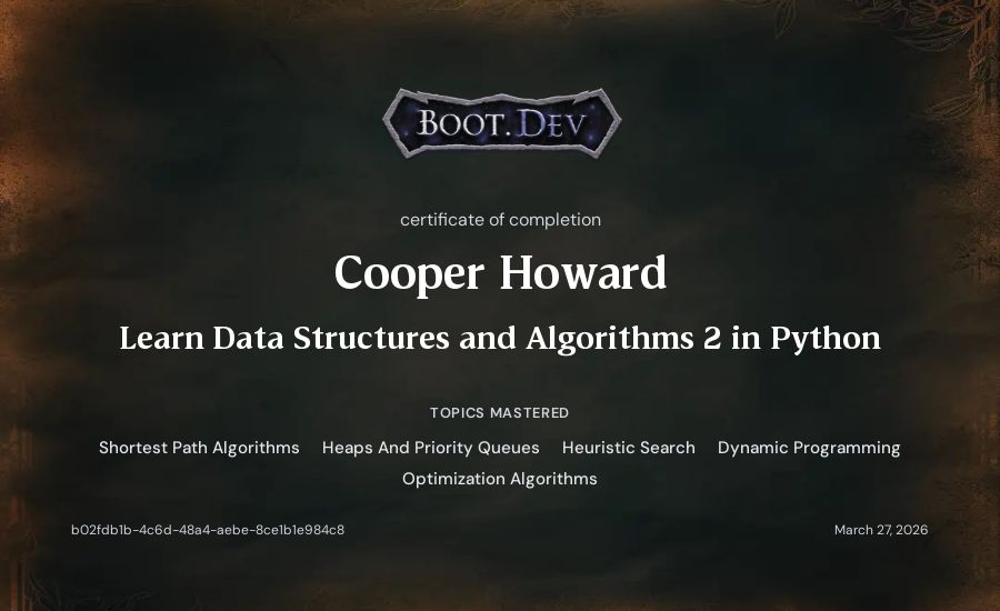 Cooper Howard's Boot.dev Learn Data Structures and Algorithms 2 in Python certificate
