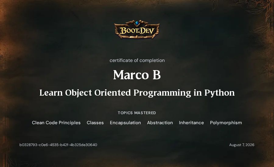 Marco B's Boot.dev Learn Object Oriented Programming in Python certificate