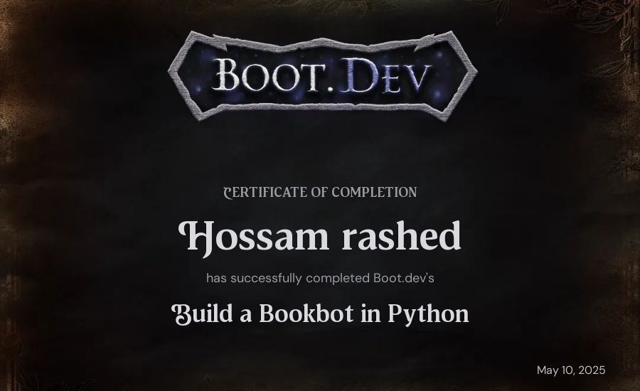 Hossam rashed's Boot.dev Build a BookBot in Python certificate