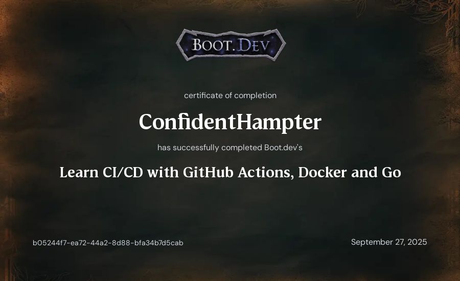 ConfidentHampter's Boot.dev Learn CI/CD with GitHub Actions, Docker and Go certificate