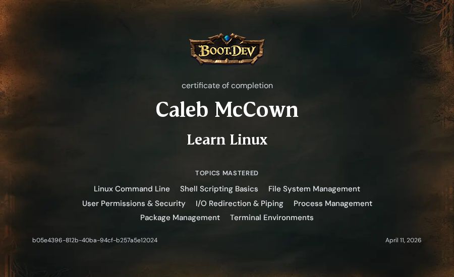 Caleb McCown's Boot.dev Learn Linux certificate