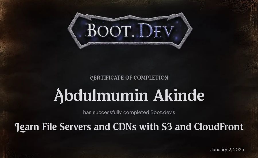 Abdulmumin Akinde's Boot.dev Learn File Servers and CDNs with S3 and CloudFront certificate