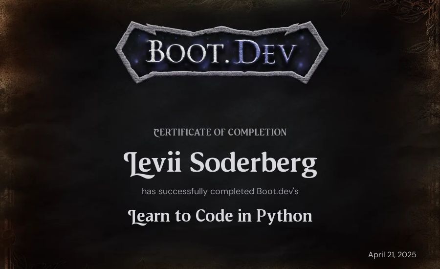 Levii Soderberg's Boot.dev Introduction to Python Course certificate