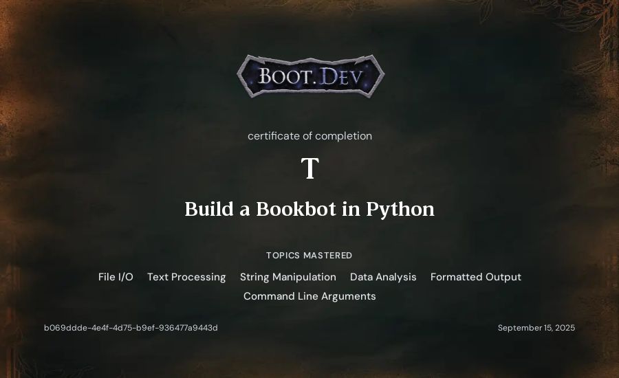 T's Boot.dev Build a BookBot in Python certificate