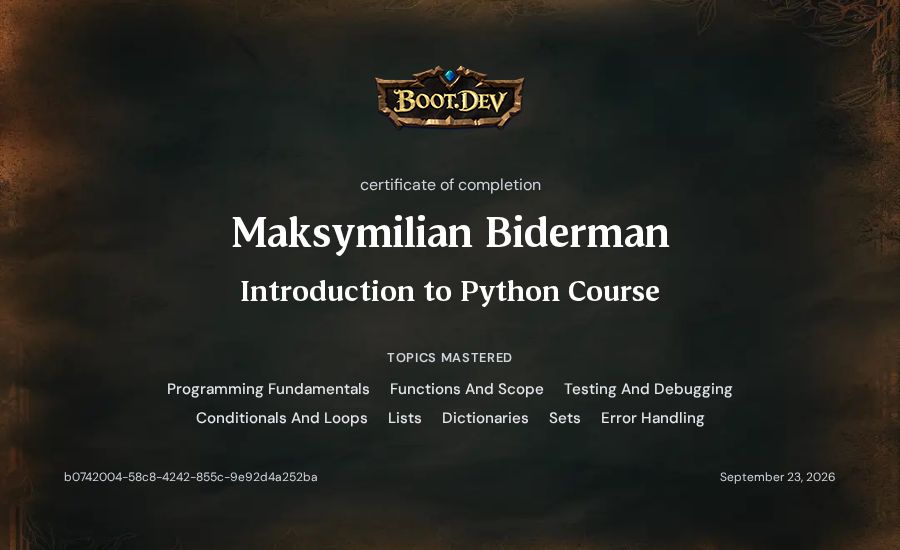Maksymilian Biderman's Boot.dev Introduction to Python Course certificate