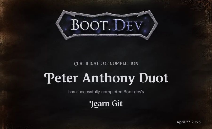 Peter Anthony Duot's Boot.dev Learn Git certificate