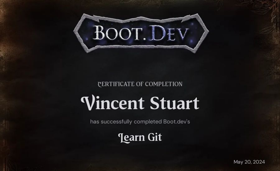 Vincent Stuart's Boot.dev Learn Git certificate