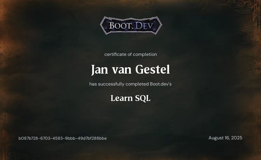 Jan van Gestel's Boot.dev Learn SQL certificate