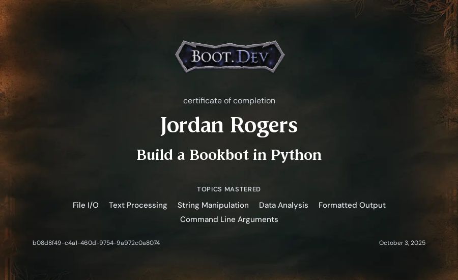 Jordan Rogers's Boot.dev Build a BookBot in Python certificate