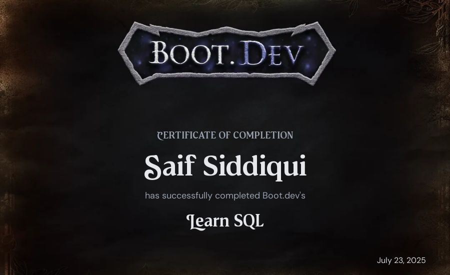 Saif Siddiqui's Boot.dev Learn SQL certificate