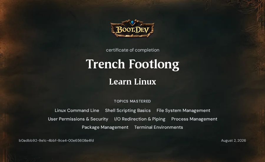 Trench Footlong's Boot.dev Learn Linux certificate