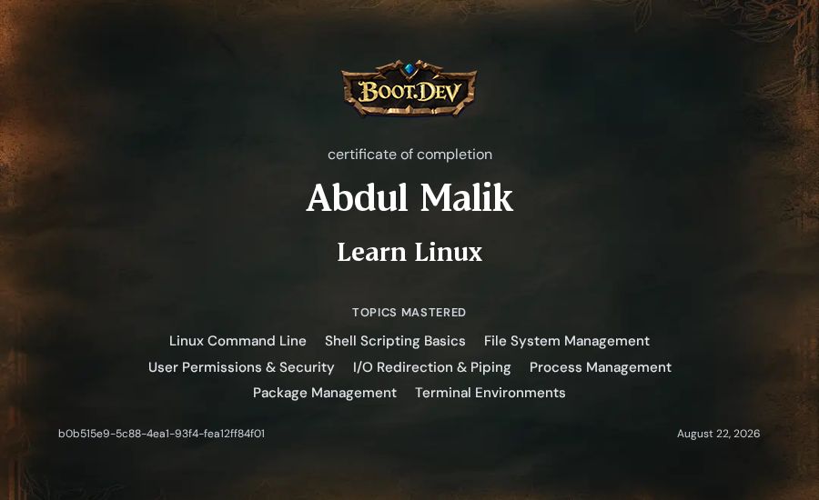 Abdul Malik's Boot.dev Learn Linux certificate