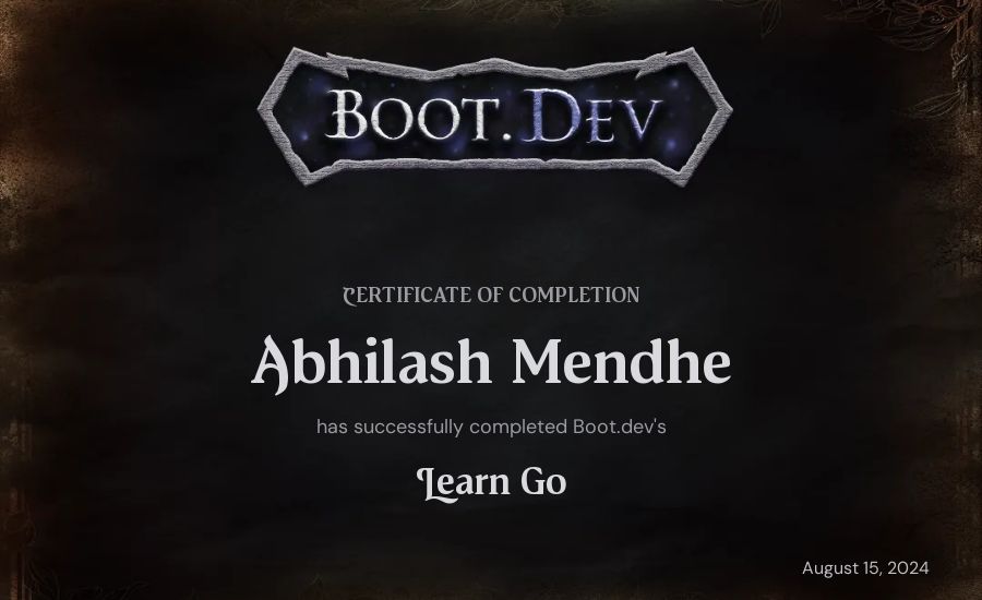 Abhilash Mendhe's Boot.dev Learn Go certificate