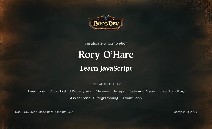 Rory O'Hare's Boot.dev Learn JavaScript certificate