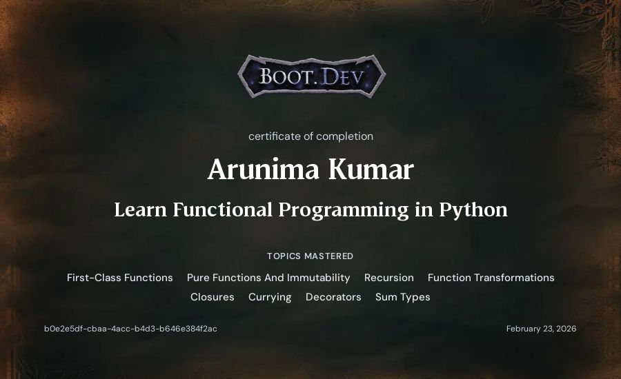 Arunima Kumar's Boot.dev Learn Functional Programming in Python certificate