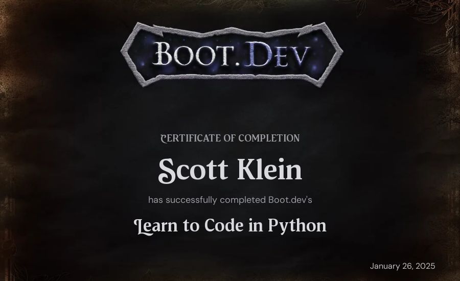 Scott Klein's Boot.dev Introduction to Python Course certificate