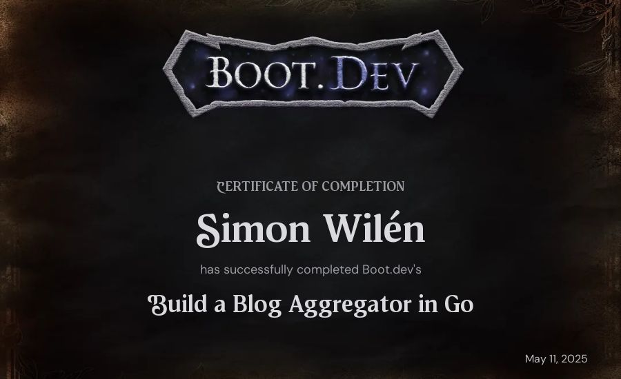 Simon Wilén's Boot.dev Build a Blog Aggregator in Go certificate