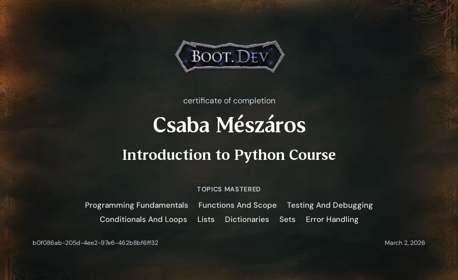 Csaba Mészáros's Boot.dev Introduction to Python Course certificate