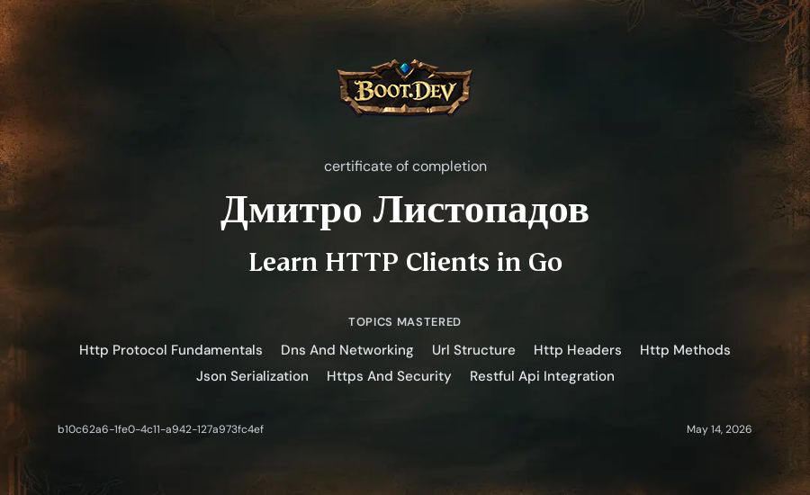 Дмитро Листопадов's Boot.dev Learn HTTP Clients in Go certificate