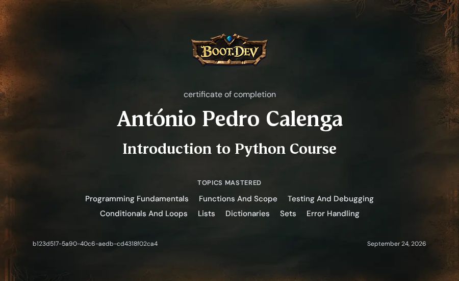 António Pedro Calenga's Boot.dev Introduction to Python Course certificate