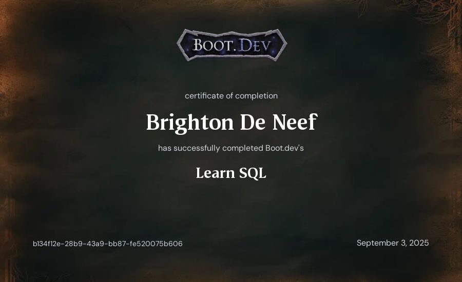 Brighton De Neef's Boot.dev Learn SQL certificate