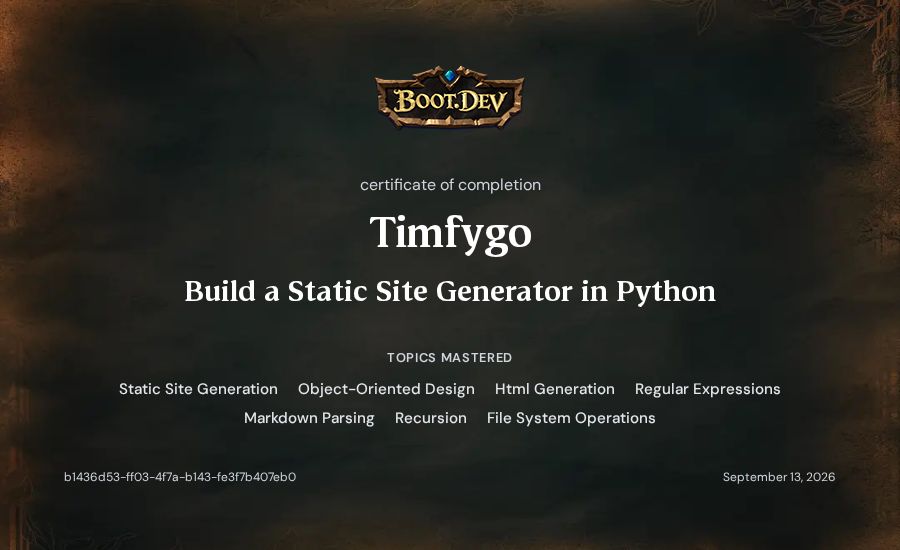 Timfygo's Boot.dev Build a Static Site Generator in Python certificate
