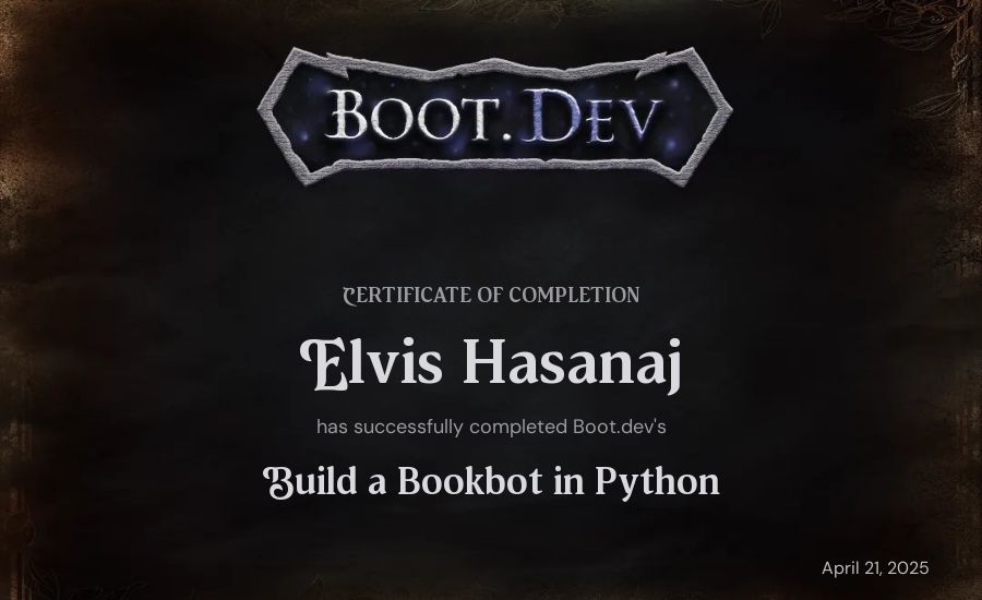 Elvis Hasanaj's Boot.dev Build a BookBot in Python certificate