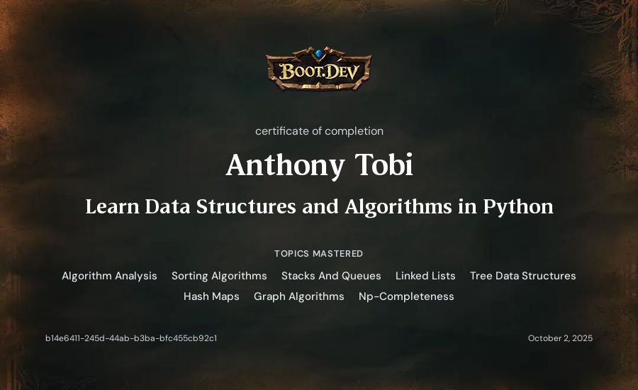Anthony Tobi's Boot.dev Learn Data Structures and Algorithms in Python certificate