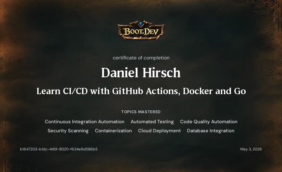 Daniel Hirsch's Boot.dev Learn CI/CD with GitHub Actions, Docker and Go certificate