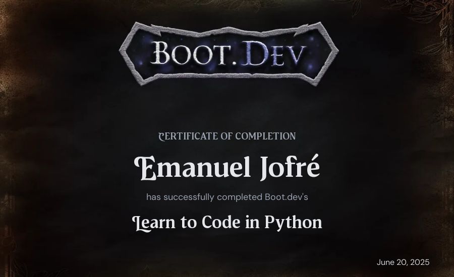 Emanuel Jofré's Boot.dev Introduction to Python Course certificate