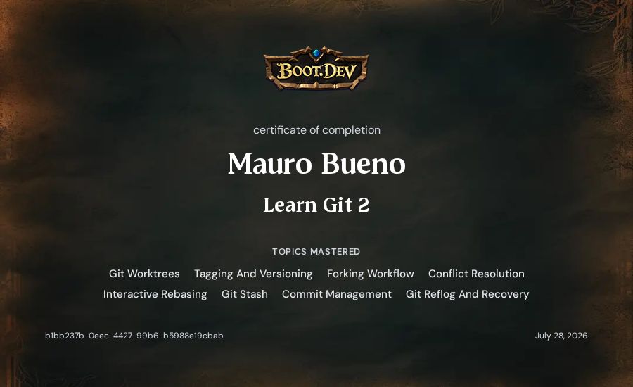 Mauro Bueno's Boot.dev Learn Git 2 certificate