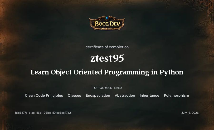 ztest95's Boot.dev Learn Object Oriented Programming in Python certificate