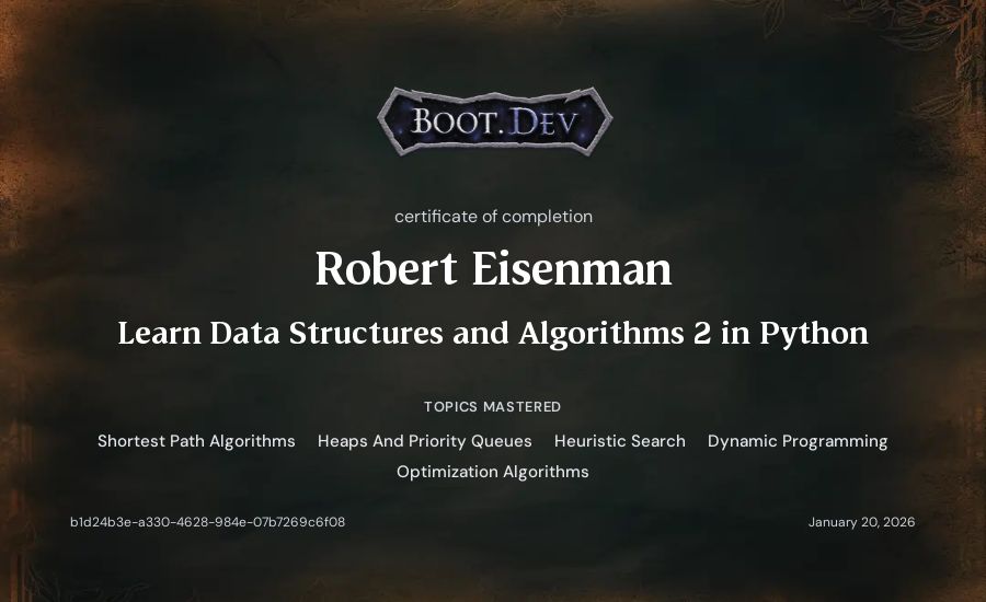Robert Eisenman's Boot.dev Learn Data Structures and Algorithms 2 in Python certificate