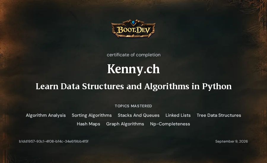 Kenny.ch's Boot.dev Learn Data Structures and Algorithms in Python certificate