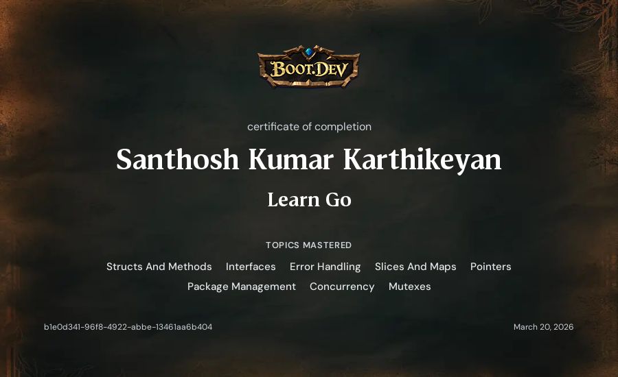 Santhosh Kumar Karthikeyan's Boot.dev Learn Go certificate