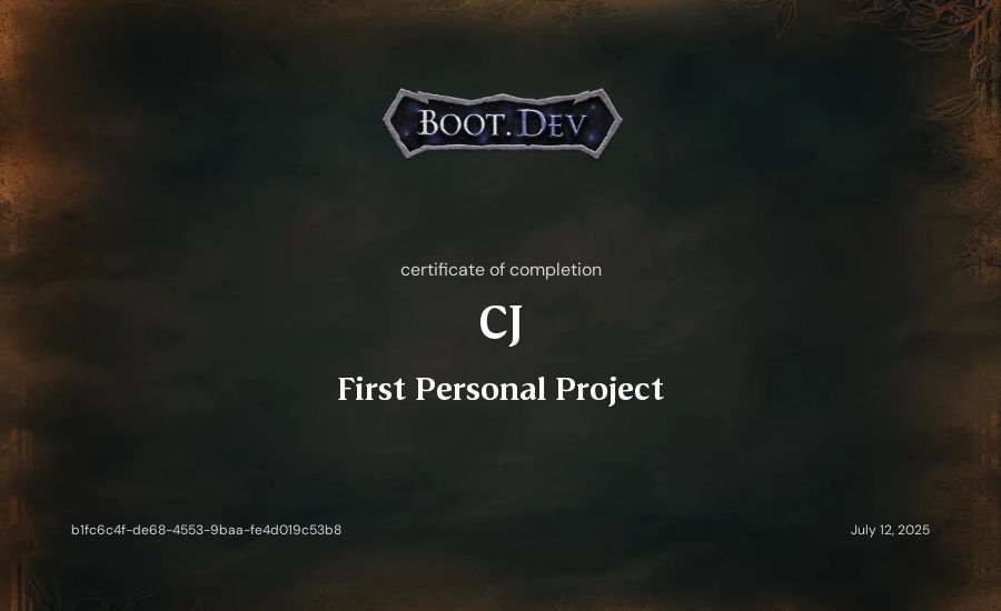CJ's Boot.dev First Personal Project certificate