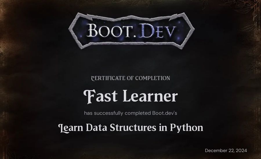 Adam's Boot.dev Learn Data Structures and Algorithms in Python certificate