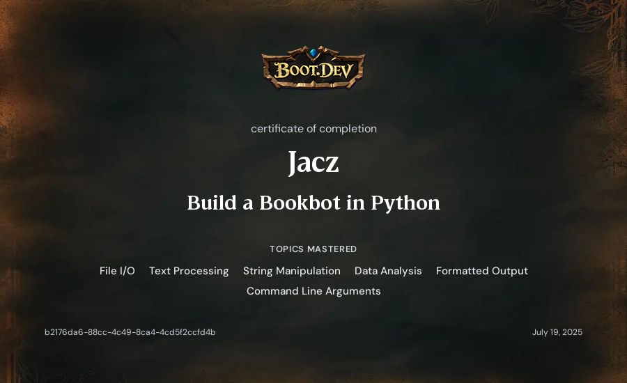 Jacz's Boot.dev Build a BookBot in Python certificate