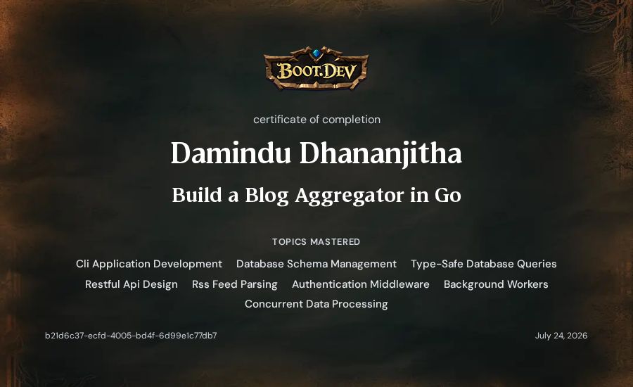 Damindu Dhananjitha's Boot.dev Build a Blog Aggregator in Go certificate