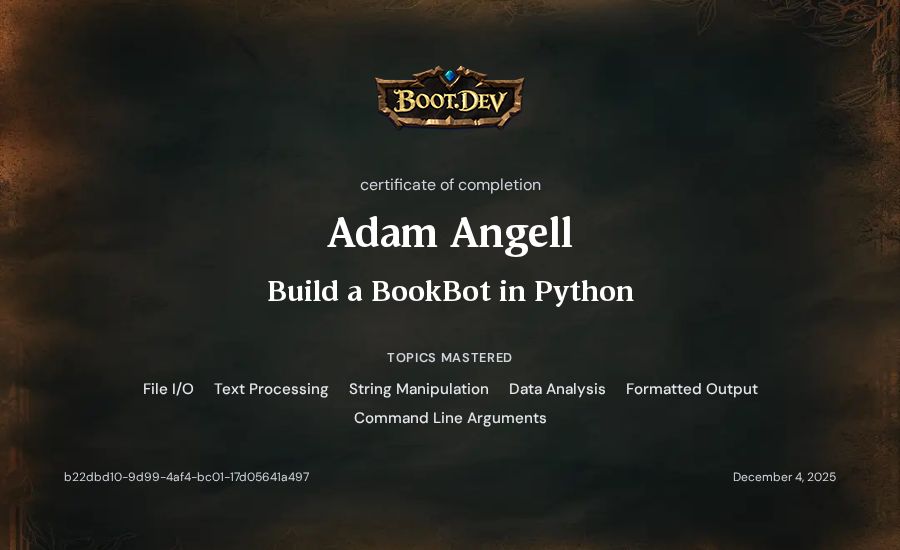 Adam Angell's Boot.dev Build a BookBot in Python certificate
