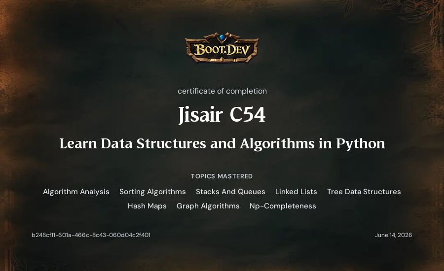 Jisair C54's Boot.dev Learn Data Structures and Algorithms in Python certificate