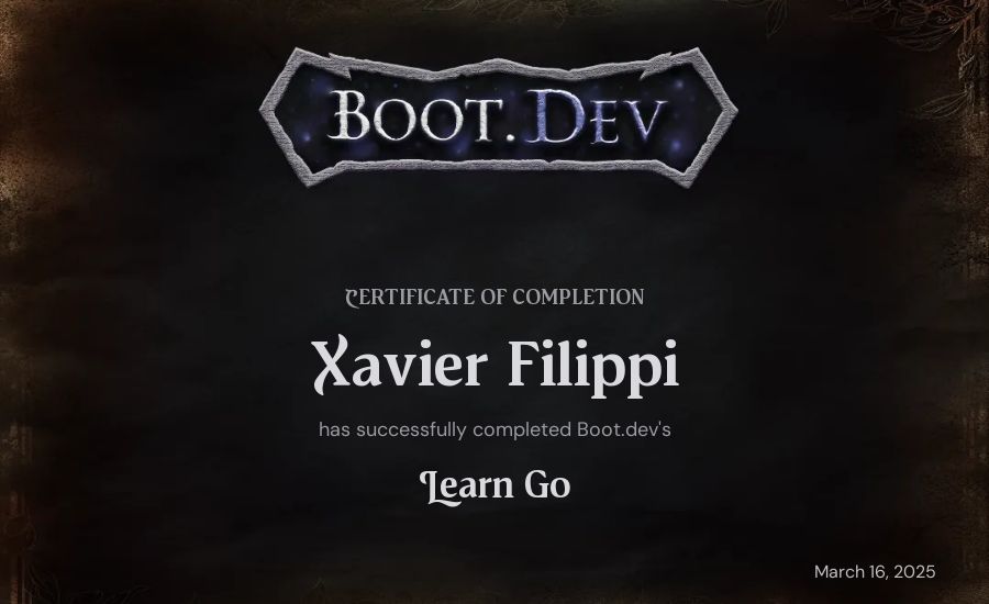 Xavier Filippi's Boot.dev Learn Go certificate