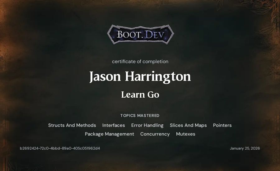 Jason Harrington's Boot.dev Learn Go certificate