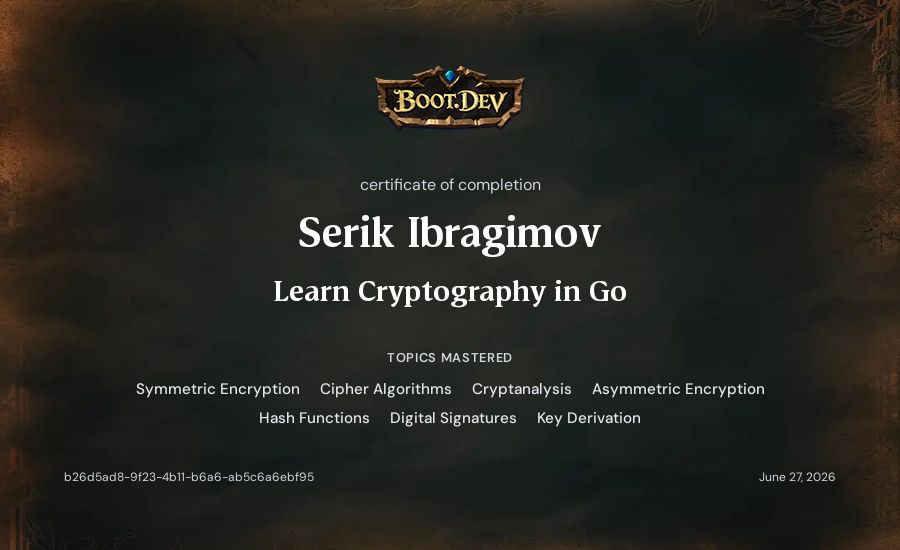 Serik Ibragimov's Boot.dev Learn Cryptography in Go certificate