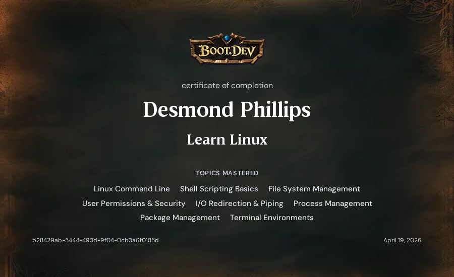 Desmond Phillips's Boot.dev Learn Linux certificate
