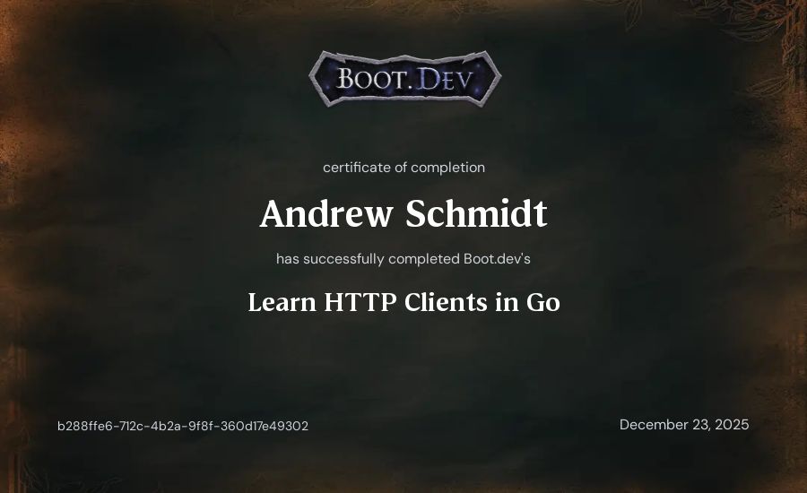 Andrew Schmidt's Boot.dev Learn HTTP Clients in Go certificate