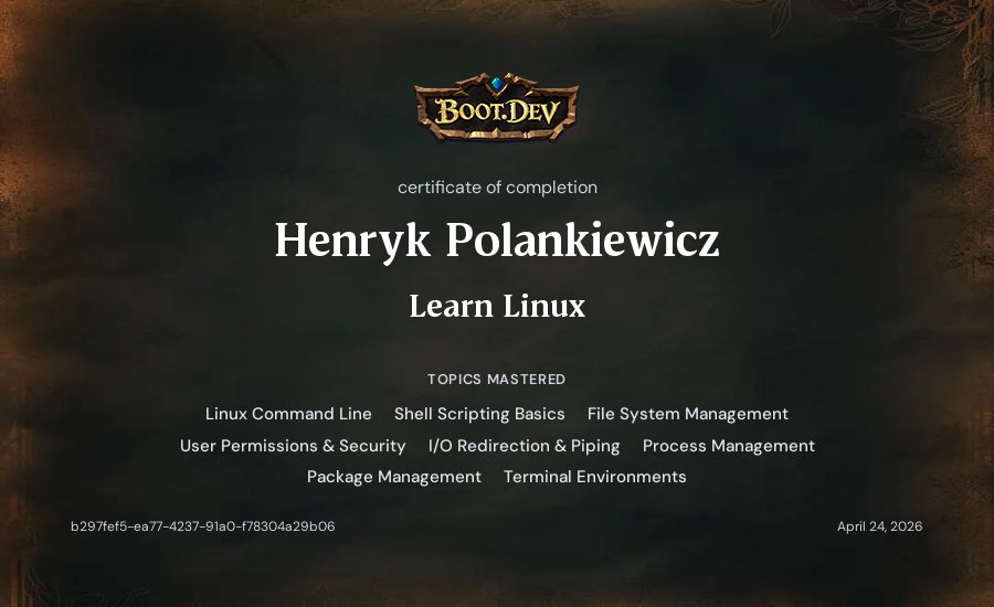 Henryk Polankiewicz's Boot.dev Learn Linux certificate