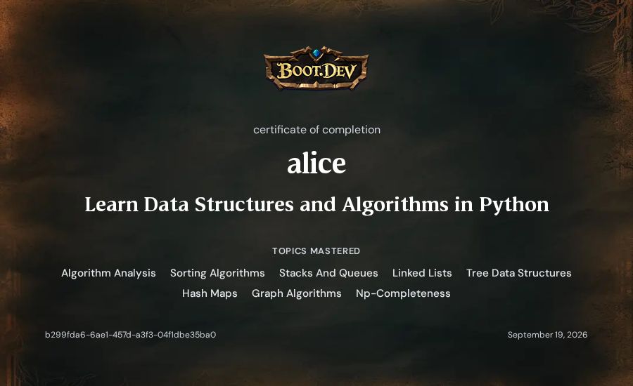 alice's Boot.dev Learn Data Structures and Algorithms in Python certificate