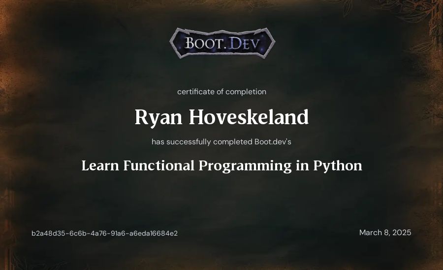 Ryan Hoveskeland's Boot.dev Learn Functional Programming in Python certificate